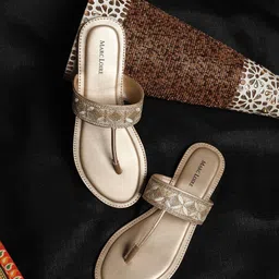 Marc Loire Women Off-White & Gold-Toned Embroidered T-Strap Flats-image-0