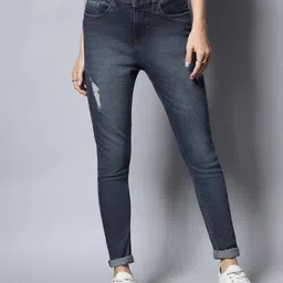 High Star Women Blue Slim Fit High-Rise Low Distress Heavy Fade Acid Wash Stretchable Jeans-picture-32