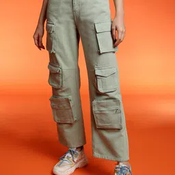 Belliskey Women Relaxed Fit High-Rise Clean Look Denim Cargo Jeans-image-96