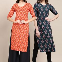 7threads KALINI Women Pack of 2 Orange & Blue Ethnic Motifs Printed Crepe Kurta-picture-45