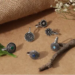 Fida Wedding Ethnic Oxidized Silver Set Of 6 Tribal Nose Rings For Women-image-38