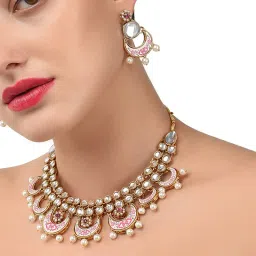 Zaveri Pearls Pink Floral Kundan & Pearls Choker Necklace & Earring Set - ZPFK7839 image 1
