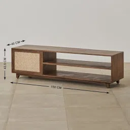 Naresh Art and Handicraft Solid Wooden TV Cabinet | TV Entertainment Cabinet with 1 Door & Openshelf Storage for Living Room, Bedroom, Hotel & Home, Brown Finish, (40 x 150 x 44 Centimeters) image 1