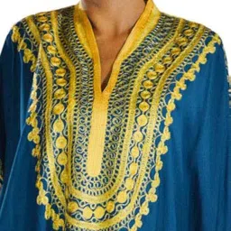 treasures of morocco Moroccan Caftan Hand Made Top Quality Breathable Cotton with Gold Hand Embroidery Long Length Teal Blue image 3