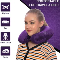 CRAE Travel Neck Pillow for Men & Women | Soft Fibre Cushion for Flight, Car & Train | Soft Velvet Fabric with Attachable Snap Strap | Cervical Support for Neck Pain Relief.Pack of 1(Purple) image 3