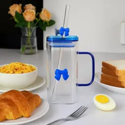 FUNKYFINDS Coquette Blue Bow Glass Cup with Lid and Bow Straw, Dainty Glasses Drinking Set, 400 ml Cute Bow Glass Iced Coffee Cups, Preppy Glass Tumbler with Straw and Lid Gift (Set of 1) image 5