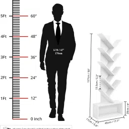 ABOUT SPACE Book Shelf for Home Library - 9-Tier Tree Shaped Book Rack for Study Room DIY Wooden Book Stand with Bottom Storage Space for Office, Livingroom, Bedroom (White - L 45 x B 17 x H 127 cm) image 1