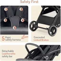 Bonfino Premium Quick Fold Baby Stroller with 5-Point Safety Harness&Reclining Backrest, Pram for Baby with Swivel Wheels, Adjustable Canopy&Integrated Trolley Handle,Baby Stroller for 0-3 Years,Black image 2