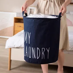 HOKIPO Folding Laundry Basket for Clothes, Round Collapsible Storage Basket with Lid (Drawstring Closure), Dark Blue (AR-690-BL) image 2