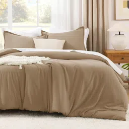 Litanika Taupe Comforter Queen Size, 3 Pieces Boho Lightweight Solid Bedding Set & Collections, All Season Fluffy Bed Set (90x90In Comforter & 2 Pillowcases) image 1
