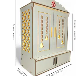 Devson™ Beautiful Wooden Temple | Wooden Pooja MANDIR for Home and Office use with LED SPOT Light | Wooden mandir with Door & Storage Shelves | Size - H 21 x L 16 x W 9 inch | 15 BEL DOR WHT image 1