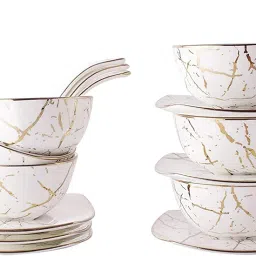 Tableware Bone China Classic Abstract Gold Soup Bowl with Spoon and Saucer - 200 ml, Set of 18/ White Gold Soup Set Plates Spoon image 4