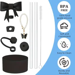 HASTHIP® for Stanley Cup Accessories & Charm Kit Set of 9Pcs Fashion Straw Accessories Kit Cute Bow Straw Cap, 2 Straight Straws, Cleaning Brush, Butterfly Handle Charm image 2