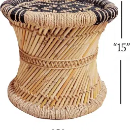 AL DECOR BY BASHEERA Handcrafted Bamboo Mudda Stool Set of 2 – Traditional Cane Design, Lightweight & Durable Round Stools for Home Décor, Living Room & Balcony image 1