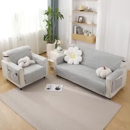 HOKIPO Polyester 3 Seater Quilted Sofa Cover with Pockets, Light Grey (NEW-803-LGRY) image 2