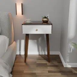 Modern Bedside Table with Solid Wood Legs, Minimalist and Practical End Side Table with Drawer Storage, Easy Assembly (Brown & White) image 1