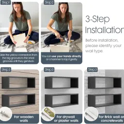 EVETO 24in Floating Cube Shelves Set of 2 Decorative Wall Mounted Rectangle Shelves for Kitchen Living Room Bedroom Office Storage and Display Black Wooden Hanging Shelves - Black image 3