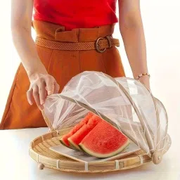 Bayleef Bamboo Fruit Basket with Foldable Mesh Food Cover – Natural Woven Serving Tray for Fruits, Bread & Snacks, Insect-Proof & Decorative image 4