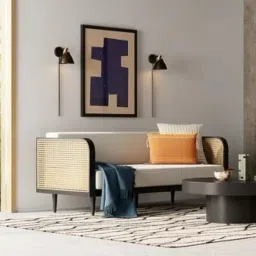 Solid sheesham Wood Wooden 3 Seater Sofa for Living Room with White Cousins seat - Rattan Sofa Elegant Triplet Seat Sofa (Walnut Finish) image 3