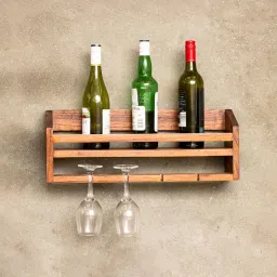 IThree Rustic Wooden Wine Rack, Wall Mounted Shelf with Wine Glass Holder, Handcrafted Pine Wood Storage Display, Brown image 2