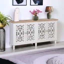 Kraft Bazaar Solid Wooden Jodhpur 4 Door Crockery Cabinet | Sideboard Cabinet | Carving Sideboard | Finish- White with Distressed Edges image 2