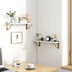 Floating Wall Shelves with Metal Brackets, Wall Mounted Shelves, Wall Shelf, Wall Shelf for Bedroom, Book Shelf for Wall, 20 x 5.5 x 6 inch, Set of 2 (White - Golden) image 1