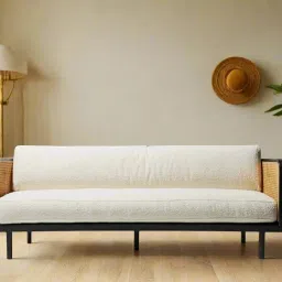 Solid sheesham Wood Wooden 3 Seater Sofa for Living Room with White Cousins seat - Rattan Sofa Elegant Triplet Seat Sofa (Walnut Finish) image 4