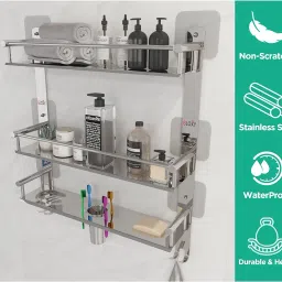 GLOXY Stainless Steel Magic Sticker 3 Layer Multipurpose Bathroom Shelf Organizer with Double Soap Dish and Toothbrush Holder Bathroom Accessories Chrome Finish image 2