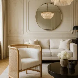 Modern Rattan Accent Chair with Curved Back, Natural Wood Frame, White Cushion, Cane Weave Design, Living Room Furniture image 3