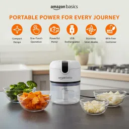Amazon Basics Mini Electric Chopper | 250 ml | Rechargeable | One touch operation | Sharp Blades | 30 W | Food Grade Bowl | Sharp Blades For Mincing Garlic, Veggies, Onion, Nuts | Grey image 1