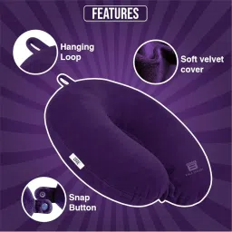 CRAE Travel Neck Pillow for Men & Women | Soft Fibre Cushion for Flight, Car & Train | Soft Velvet Fabric with Attachable Snap Strap | Cervical Support for Neck Pain Relief.Pack of 1(Purple) image 2