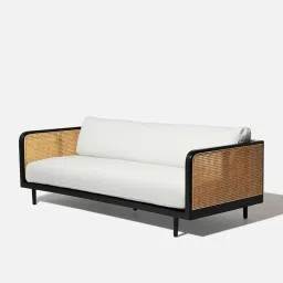 Solid sheesham Wood Wooden 3 Seater Sofa for Living Room with White Cousins seat - Rattan Sofa Elegant Triplet Seat Sofa (Walnut Finish) image 5