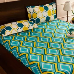 Amazon Brand - Solimo Tranquil Dreams 144 TC 100% Cotton Double Bedsheet with 2 Pillow Covers, Blue, Abstract image 1