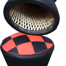 Handmade Cane Stool with Cushion Cover, Black and Red Checkered Pattern, Indoor Outdoor Furniture image 1