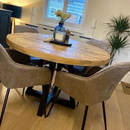 Mukund Craft House Modern Round Dining Table Set with 4 Gray Quilted Chairs, Rustic Wood Top, Industrial Black Metal Base, Restaurant Style Furniture (On ly for Dining Table) image 2