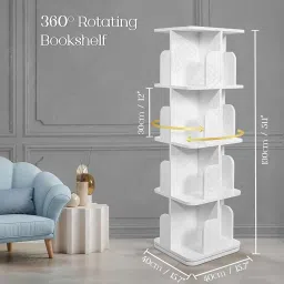 ABOUT SPACE Rotating Book Shelf for Home Library - 4 Tier 360° Book Rack | Wooden Square Bookstand with Partition, Curved Edges, Bottom Turnplate for Office Livingroom (White - L 40 x B 40 x H 130cm) image 1