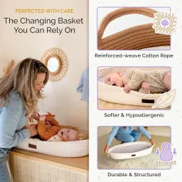 Yunioo Deluxe Baby Changing Basket with Extra Travel Diaper pad, Foam Changing pad and Water Repellent Cover, Cotton Rope Moses Basket, Changing Table Topper for Dresser (White Beige) image 2
