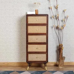 i RONIKA Tall Wooden Chest of Drawers | Multipurpose Console Dresser with 5-Compartment Storage Cabinet with Rattan Cane Design for Bedroom, Living Room & Office | Solid Sheesham Wood, Walnut Finish image 2