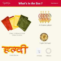 SpecialYou Haldi Decoration Items for Marriage Combo kit with Yellow Red & Green (7 * 3.5 Ft) Backdrop with Haldi Board & Latkans, Haldi Ceremony Backdrop Decoration- 19 Items image 2
