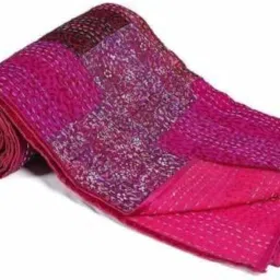 Handycraft India Patchwork Kantha Quilt, Throw Handmade Silk Patola Kantha Bed Cover, King Size Reversible Bedding Bedspread,Vintage Hand Stitch Gudri, Pink (Single 60 x 90) image 2