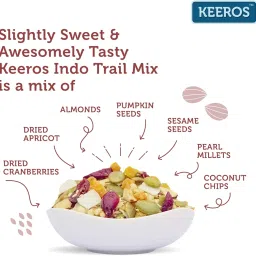 Keeros Indo Trail Mix | Sugar Free, Low GI Diabetic Snacks | High Omega 3 Healthy Snacks for weight loss | Slightly Sweet & Crunchy mix of Nuts, Seeds, Berries & Roasted Pearl Millets | Pack of 5x35g image 2