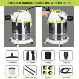 Foster WD-15 Wet and Dry Vacuum Cleaner with Blower Function 19.5kPa Suction Power 15L Tank HEPA Filter 1500 Watts for Home Carpet Sofa Upholstery Car Cleaning (Pack of 1, White & Green) image 4