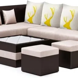 FURNY Oyster 8 Seater Fabric LHS L Shape Sofa Set with Centre Table & Puffy (Cream-Brown) image 3