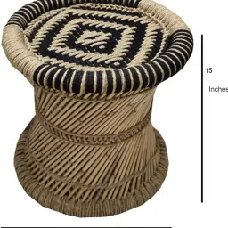 YASHIKA CREATION ! Handicraft Bamboo Sarkanda Chair Flower Pattern for Outdoor -with Black & Beige Set (1 Chair + 1 Stool) image 2