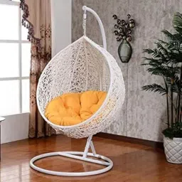GENTERPRISES Single Seater Swing Chair with Stand & Cushion Outdoor Indoor Balcony Garden Patio,Powder Coated Frame,UV Protected Wicker (Swing-White/Cushion-Yellow) image 1