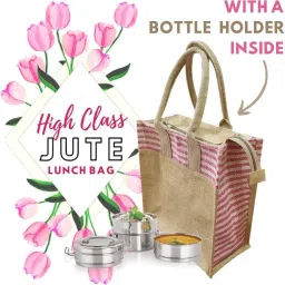 Jute Work Tote Tiffin Bags with Zip for Lunch (LG Jute Bag Pink, Size: 11.5X5X12 Inch). image 1