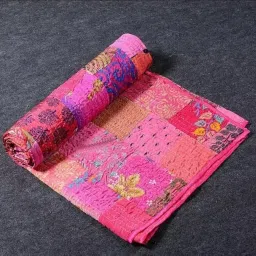 Handycraft India Patchwork Kantha Quilt, Throw Handmade Silk Patola Kantha Bed Cover, King Size Reversible Bedding Bedspread,Vintage Hand Stitch Gudri, Pink (Single 60 x 90) image 5