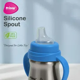 Princy Stainless Steel Sipper Water Bottle (Leak-Proof, BPA Free, 6+ Months) – Kids Baby Bottle with Handle, Wide Neck, Soft Spout 300ml (Blue) image 1