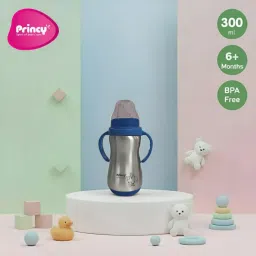 Princy Stainless Steel Sipper Water Bottle (Leak-Proof, BPA Free, 6+ Months) – Kids Baby Bottle with Handle, Wide Neck, Soft Spout 300ml (Blue) image 4