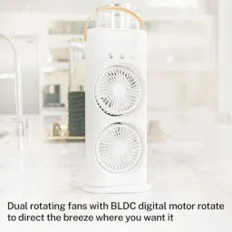 RT Portable Dual Fan Mist Cooler | Rechargeable BLDC Air Circulator with 3 Mist Modes, 90° Oscillation & 180° Rotation | Indoor Outdoor USB Cooling Fan with Water Tank for Home, Kitchen, Travel image 1